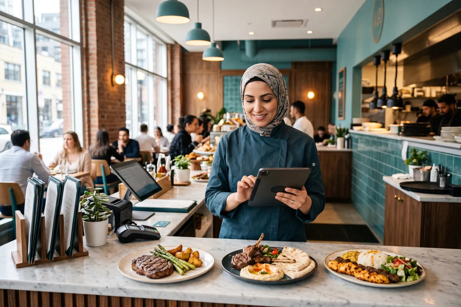 Halal restaurant owner handing a takeout order to a customer