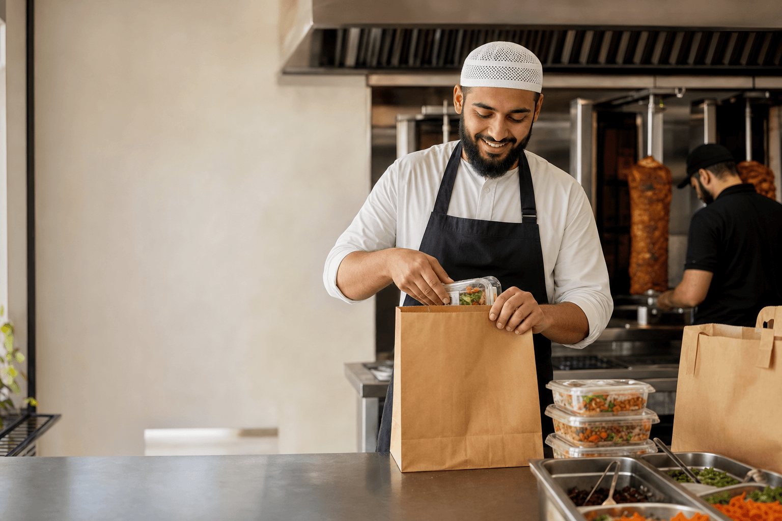 Halal business owner preparing orders in a kitchen