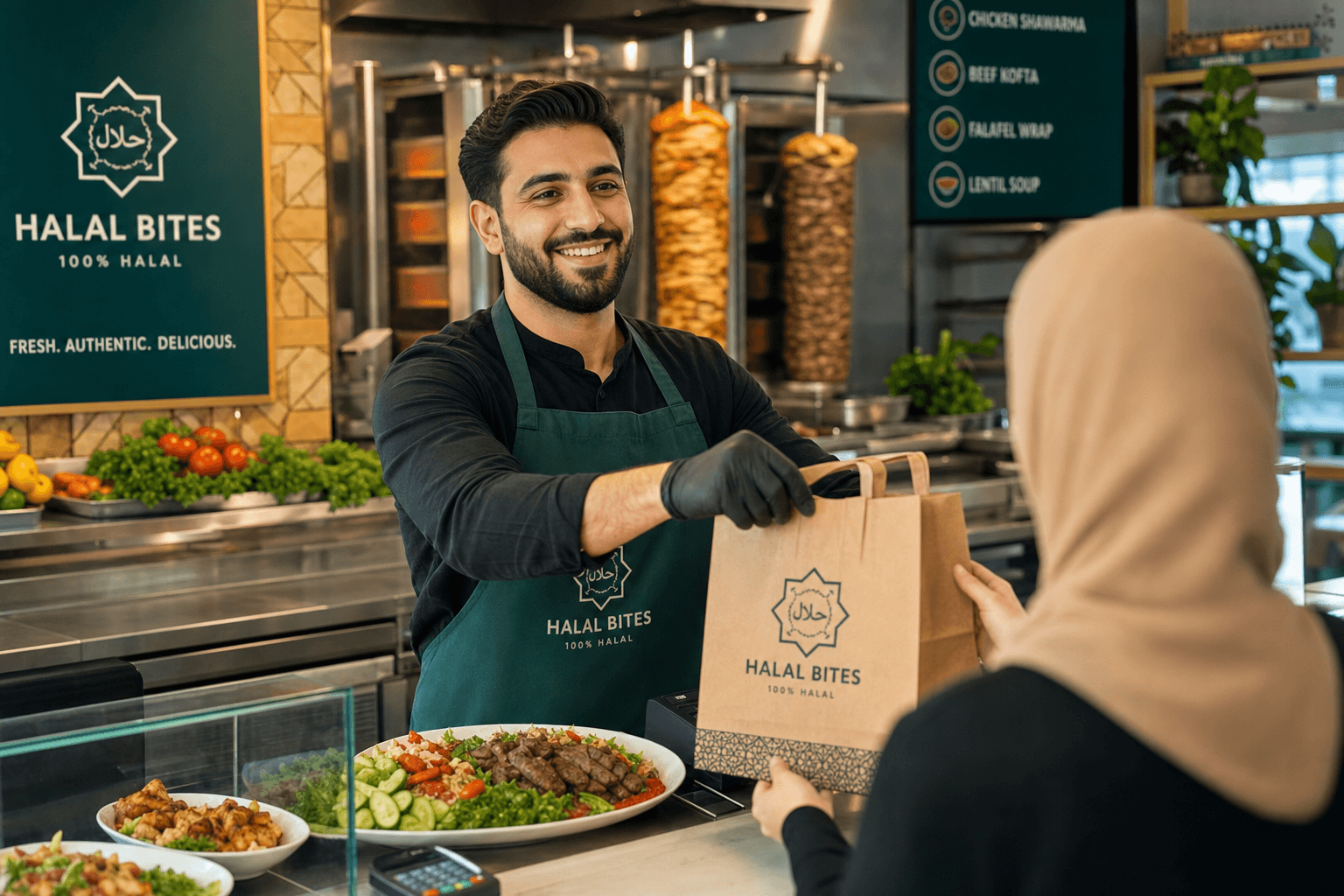 Halal restaurant owner handing a takeout order to a customer