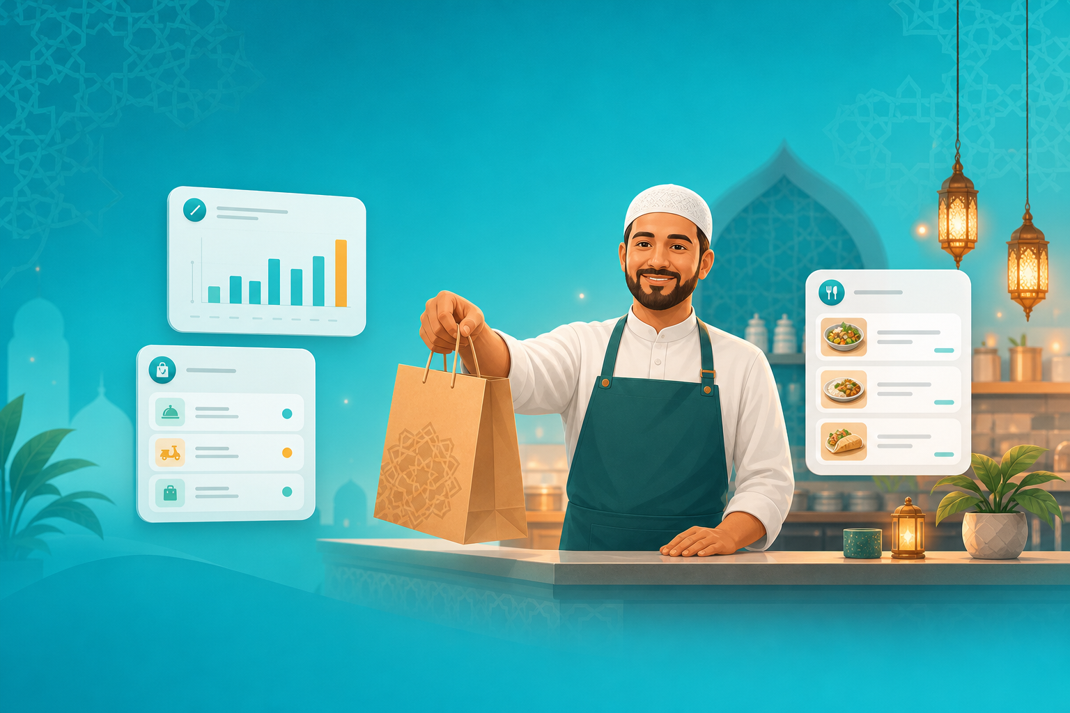 Illustration of a halal restaurant owner handing over a takeout order with a business dashboard